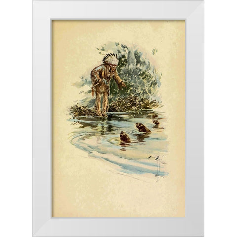 Indian and otters from The Song of Hiawatha 1906 White Modern Wood Framed Art Print by Fisher, Harrison