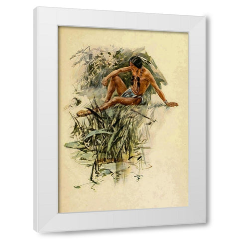 Indian by the river from The Song of Hiawatha 1906 White Modern Wood Framed Art Print by Fisher, Harrison