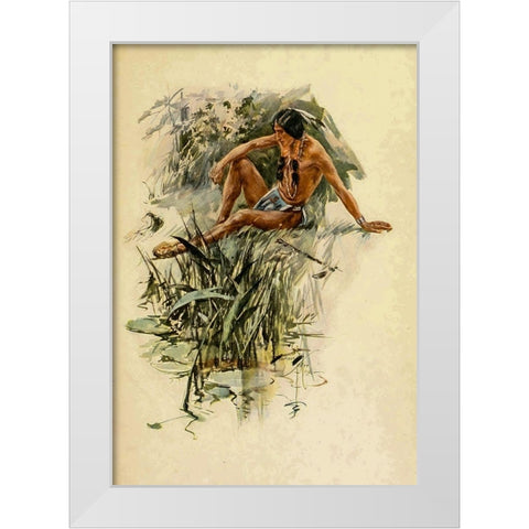 Indian by the river from The Song of Hiawatha 1906 White Modern Wood Framed Art Print by Fisher, Harrison