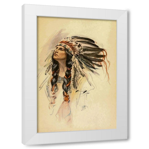 Indian with Head Dress from The Song of Hiawatha 1906 White Modern Wood Framed Art Print by Fisher, Harrison