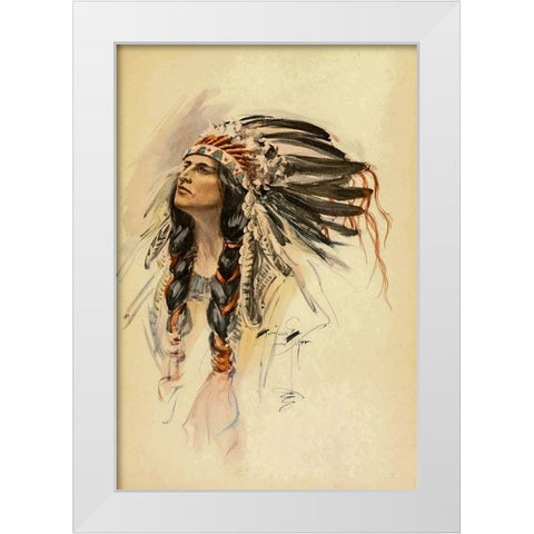 Indian with Head Dress from The Song of Hiawatha 1906 White Modern Wood Framed Art Print by Fisher, Harrison