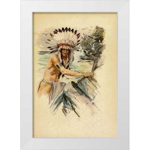 Indian with Head Dress from The Song of Hiawatha 1907 White Modern Wood Framed Art Print by Fisher, Harrison
