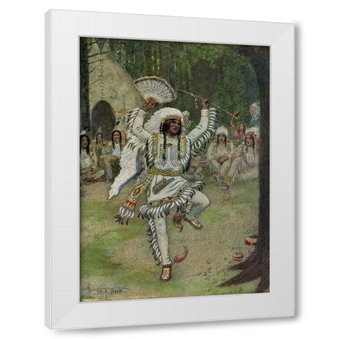 He began his mystic dances from Story of Hiawatha 1910 White Modern Wood Framed Art Print by Kirk, Maria
