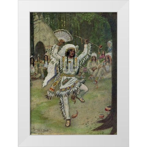 He began his mystic dances from Story of Hiawatha 1910 White Modern Wood Framed Art Print by Kirk, Maria