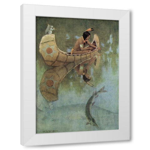 Take my bait oh king of fishes from Story of Hiawatha 1910 White Modern Wood Framed Art Print by Kirk, Maria