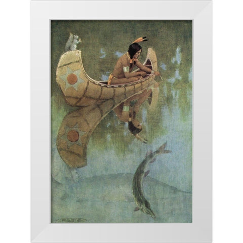 Take my bait oh king of fishes from Story of Hiawatha 1910 White Modern Wood Framed Art Print by Kirk, Maria