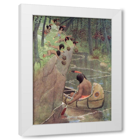 They hurled down pinecones from Story of Hiawatha 1910 White Modern Wood Framed Art Print by Kirk, Maria