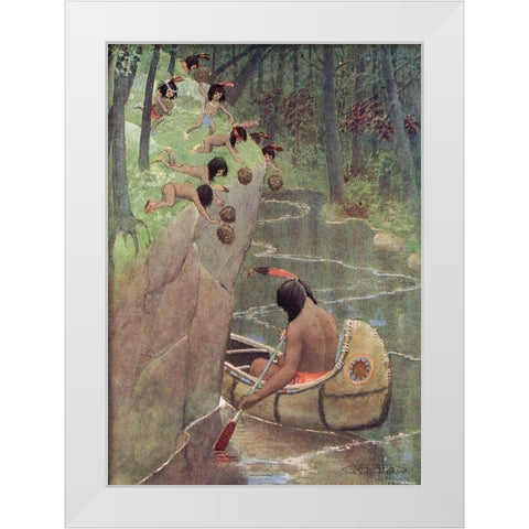 They hurled down pinecones from Story of Hiawatha 1910 White Modern Wood Framed Art Print by Kirk, Maria