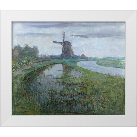 Oostzijdse Mill along the River Gein by Moonlight White Modern Wood Framed Art Print by Mondrian, Piet