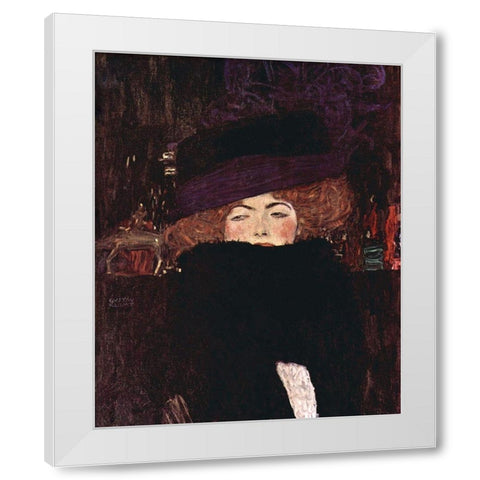 Dame mit Hut und Federboa White Modern Wood Framed Art Print by Klimt, Gustav