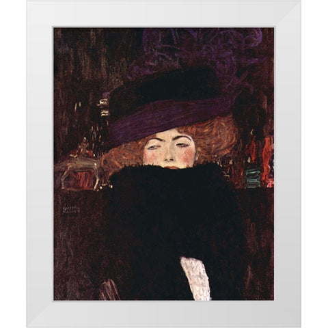Dame mit Hut und Federboa White Modern Wood Framed Art Print by Klimt, Gustav