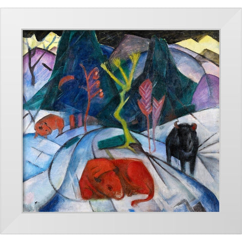 Bison in winter-red bison White Modern Wood Framed Art Print by Marc, Franz