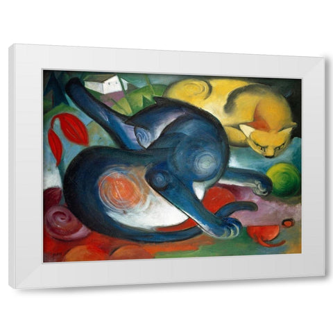 Two cats-blue and yellow White Modern Wood Framed Art Print by Marc, Franz
