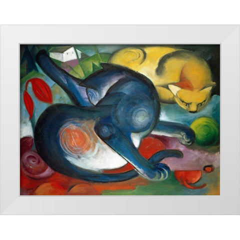 Two cats-blue and yellow White Modern Wood Framed Art Print by Marc, Franz