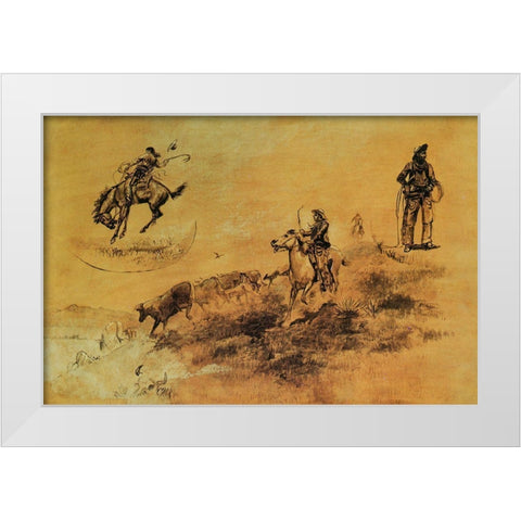 Bronco Busting-Driving in. Cow Puncher White Modern Wood Framed Art Print by Russell, Charles Marion