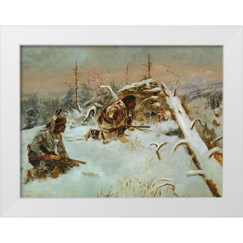 Crow Indians Hunting Elk White Modern Wood Framed Art Print by Russell, Charles Marion