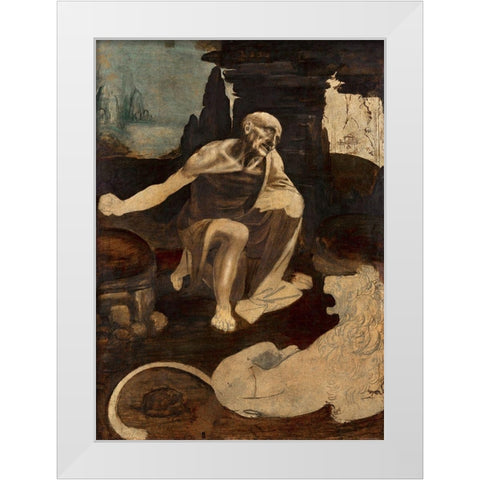 Saint Jerome in the Wilderness White Modern Wood Framed Art Print by da Vinci, Leonardo