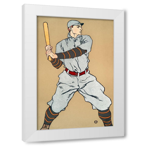 Vintage Drawing of a baseball player holding a bat White Modern Wood Framed Art Print by Penfield, Edward