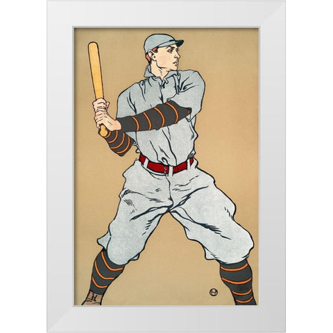 Vintage Drawing of a baseball player holding a bat White Modern Wood Framed Art Print by Penfield, Edward