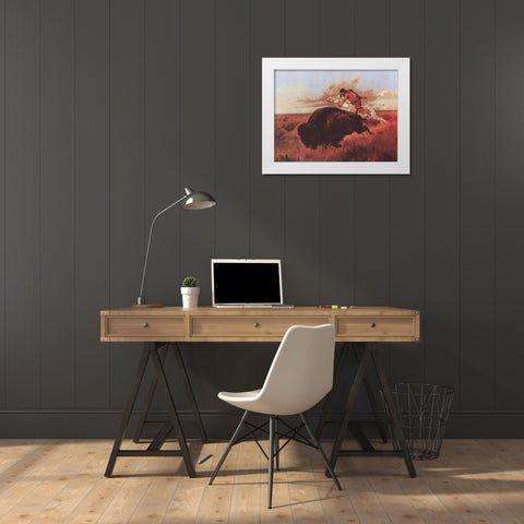 Buffalo Hunting White Modern Wood Framed Art Print by Russell, Charles Marion