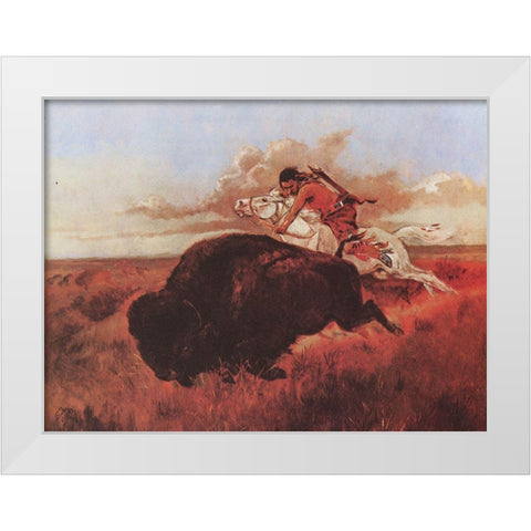 Buffalo Hunting White Modern Wood Framed Art Print by Russell, Charles Marion