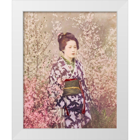 Geisha and Cherry Blossom White Modern Wood Framed Art Print by Kazumasa, Ogawa