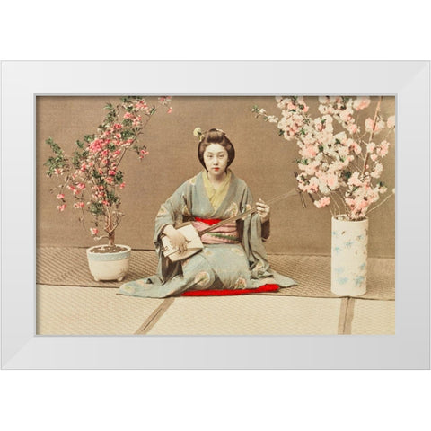 Geisha Playing Samisen White Modern Wood Framed Art Print by Kazumasa, Ogawa