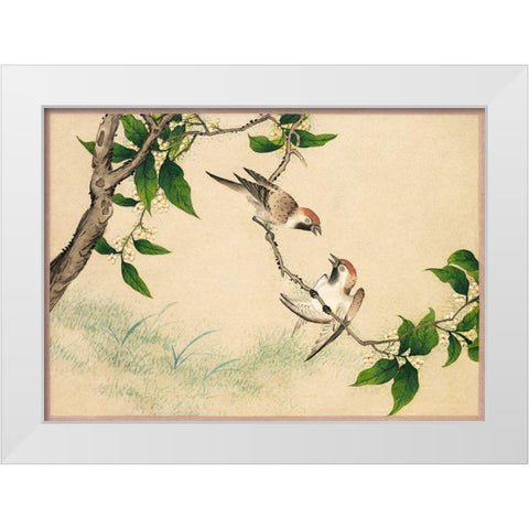Gossiping Sparrows White Modern Wood Framed Art Print by Ruoai, Zhang