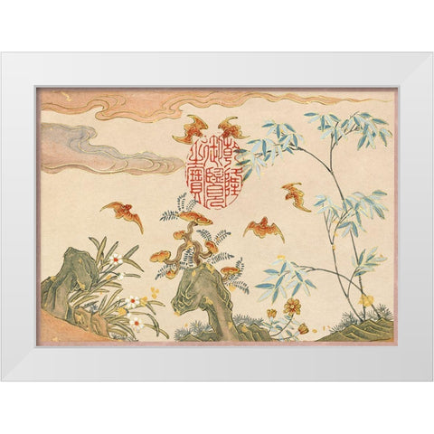 Bats-rocks-flowers oval calligraphy White Modern Wood Framed Art Print by Ruoai, Zhang