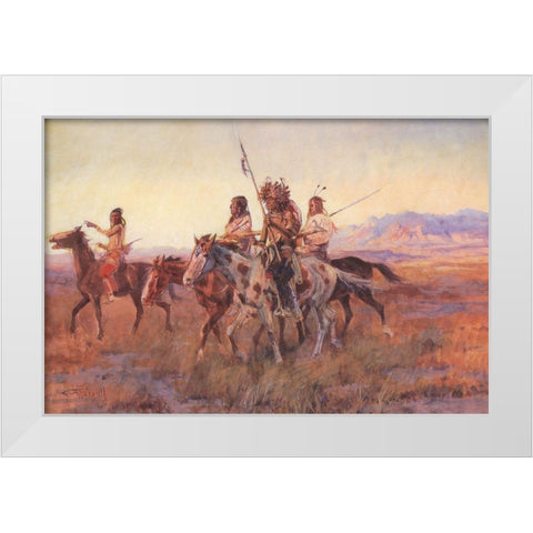 Four Mounted Indians White Modern Wood Framed Art Print by Russell, Charles Marion