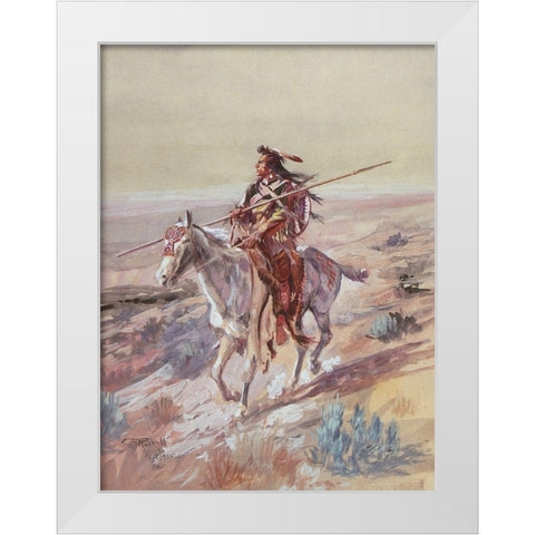 Indian with Spear White Modern Wood Framed Art Print by Russell, Charles Marion