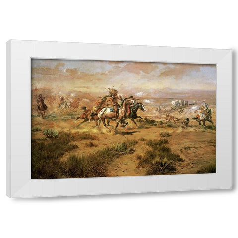 The Attack On The Wagon Train White Modern Wood Framed Art Print by Russell, Charles Marion