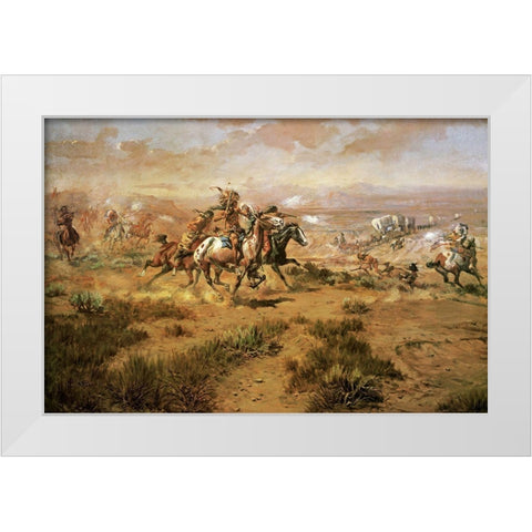 The Attack On The Wagon Train White Modern Wood Framed Art Print by Russell, Charles Marion