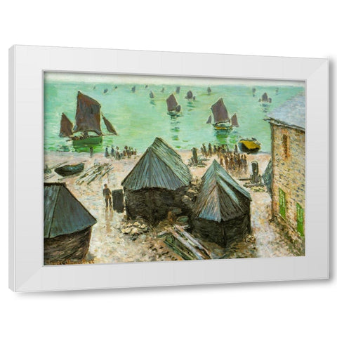 Departure of boats-Etretat 1883 White Modern Wood Framed Art Print by Monet, Claude
