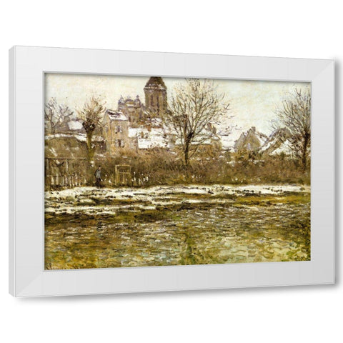 The Church at Vetheuil-snow 1879 White Modern Wood Framed Art Print by Monet, Claude