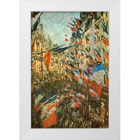 The Rue Montorgeuil with flags 1878 White Modern Wood Framed Art Print by Monet, Claude