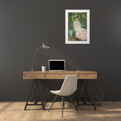 Woman on a Bench 1874 White Modern Wood Framed Art Print by Monet, Claude