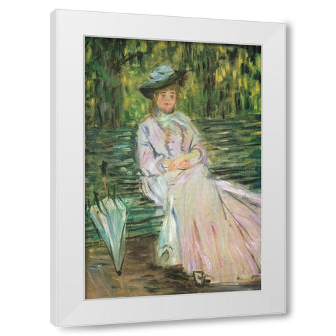 Woman on a Bench 1874 White Modern Wood Framed Art Print by Monet, Claude