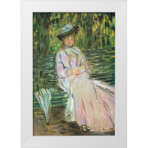 Woman on a Bench 1874 White Modern Wood Framed Art Print by Monet, Claude