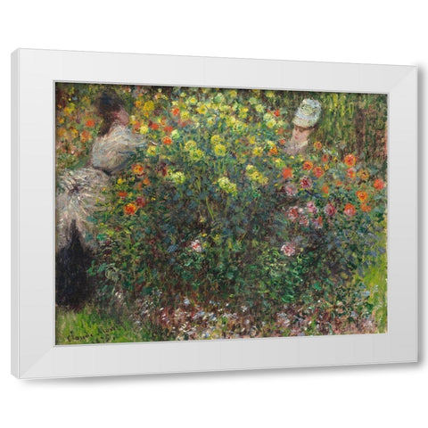 Ladies in Flowers 1875 White Modern Wood Framed Art Print by Monet, Claude