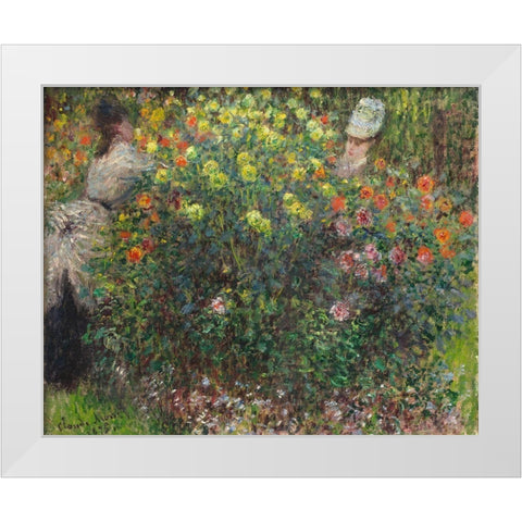 Ladies in Flowers 1875 White Modern Wood Framed Art Print by Monet, Claude