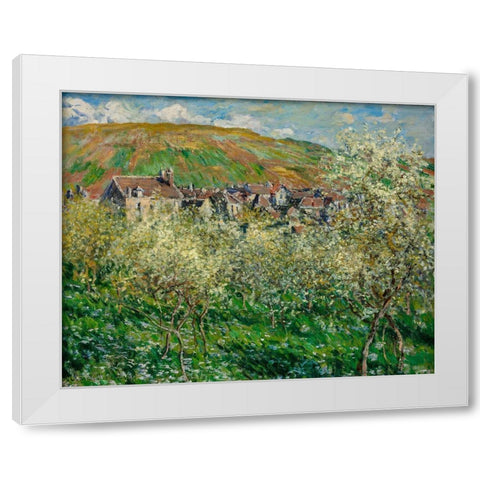 Flowering Plum Trees 1879 White Modern Wood Framed Art Print by Monet, Claude