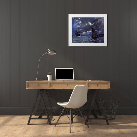 A Seascape-Shipping by Moonlight 1864 White Modern Wood Framed Art Print by Monet, Claude
