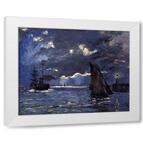 A Seascape-Shipping by Moonlight 1864 White Modern Wood Framed Art Print by Monet, Claude