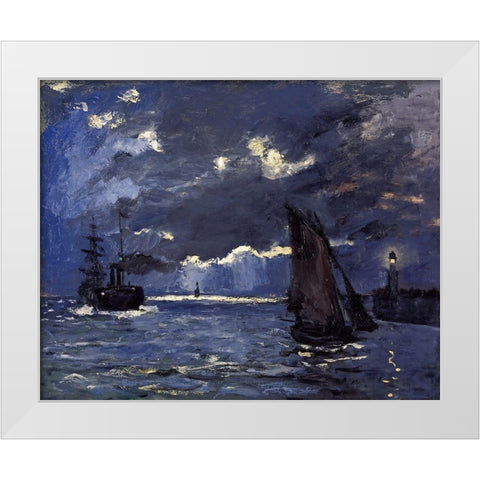 A Seascape-Shipping by Moonlight 1864 White Modern Wood Framed Art Print by Monet, Claude