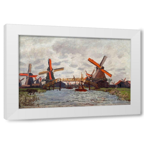 Mills at Westzijderveld near Zaandam 1871 White Modern Wood Framed Art Print by Monet, Claude