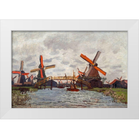 Mills at Westzijderveld near Zaandam 1871 White Modern Wood Framed Art Print by Monet, Claude