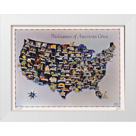 Nicknames of American Cities on US Map 1951 White Modern Wood Framed Art Print by Vintage Photography