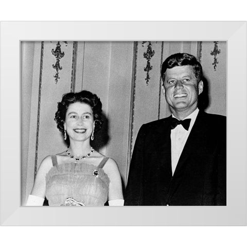 Queen Elizabeth II and President John Kennedy 1961 White Modern Wood Framed Art Print by Vintage Photography