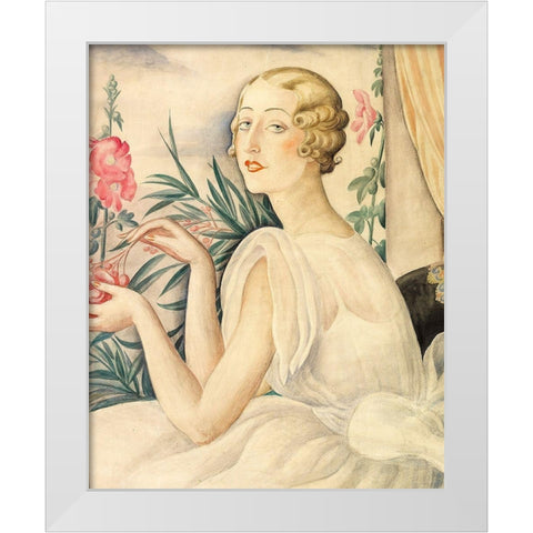 A woman in white sitting by a window White Modern Wood Framed Art Print by Wegener, Gerda